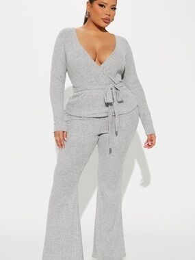 Fashion Nova Cozy Ribbed Knit Wrap Top & Flare Pant Set - Light Gray